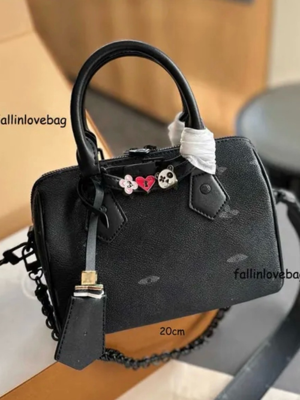 Designer Black Nano Monogram Speedy Handbag with Charm Accents & Black Hardware